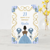 Carte Peau foncée Princesse Bleu Joyeux anniversaire (Fleur jaune)