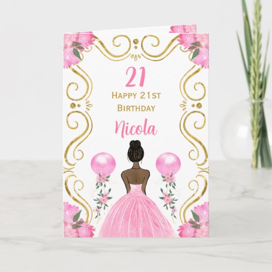 Carte Peau foncée princesse rose joyeux anniversaire (Devant)