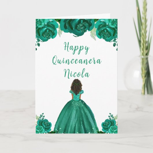 Carte Peau foncée Princesse Vert Floral Quinceanera (Devant)