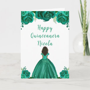 Carte Peau foncée Princesse Vert Floral Quinceanera
