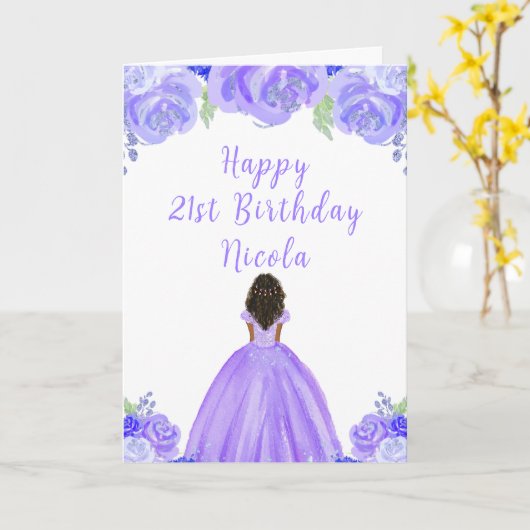 Carte Peau foncée princesse violet florale fête d'annive (Fleur jaune)