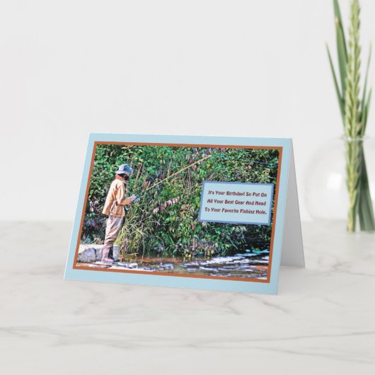 CARTE PÊCHE/ANNIVERSAIRE/PÊCHEUR SUR LA RIVIÈRE BA (Devant)