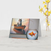 Carte Pêche au chat pour un anniversaire de poisson d'or (Fleur jaune)