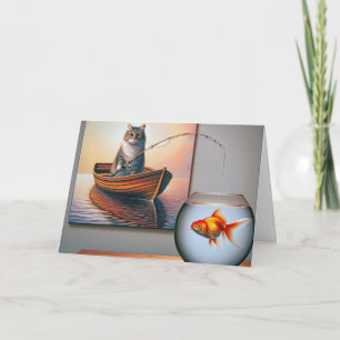 Carte Pêche au chat pour un anniversaire de poisson d'or