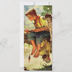 Carte Pêche vintage, Garçon avec son chiot et vers