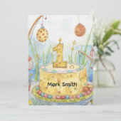 Carte Pêcher 1er anniversaire avec gâteau pour les amour (Debout devant)