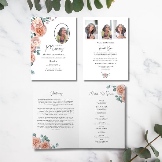 Carte Pêcher Rose Floral Funérailles Ordre du service Ph