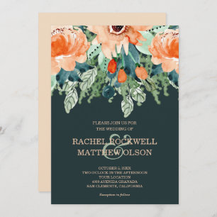 Carte Pêcher Turquoise Floral Aquarelle Mariage Invitati