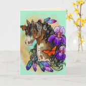 Carte Peindre Cheval Mustang avec Iris et papillons (Fleur jaune)