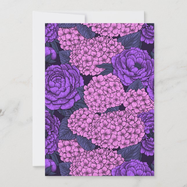 Carte Peine et hydrangée en rose et violet (Devant)