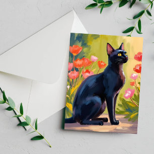 Carte peinte à l'aquarelle avec fleurs et chaton n