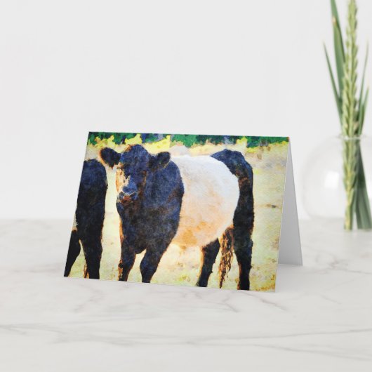 Carte Peinture à l'aquarelle de la vache Beltie Galloway (Devant)