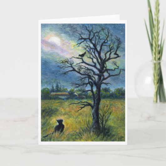 Carte Peinture, chat, oiseau, lune et paysage acryliques (Devant)