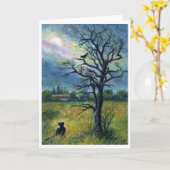 Carte Peinture, chat, oiseau, lune et paysage acryliques (Fleur jaune)