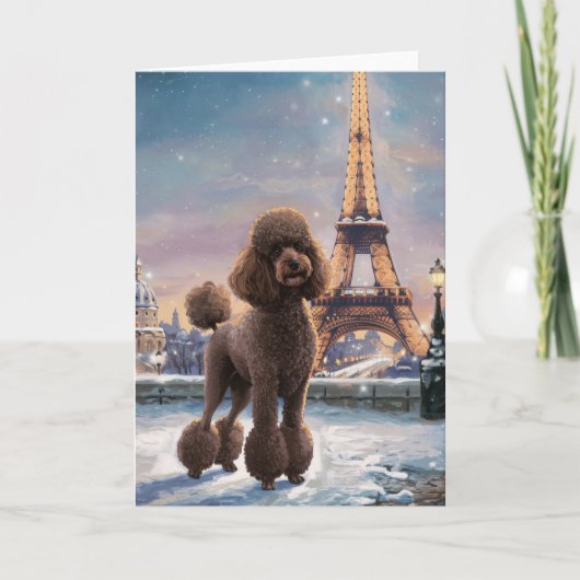 Carte Peinture d'art Poodle Brun Hiver à Paris (Devant)