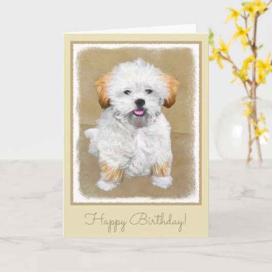 Carte Peinture de chiot de Lhasa Apso - art original (Fleur jaune)