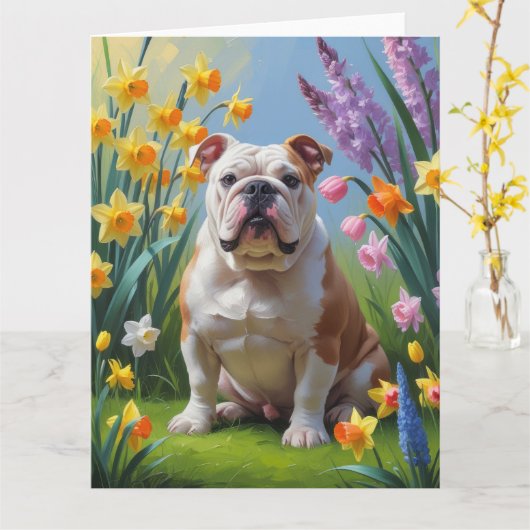 Carte Peinture de fleurs de printemps Bulldog (Fleur jaune)