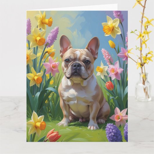 Carte Peinture de fleurs de printemps de Bouledogue fran (Fleur jaune)