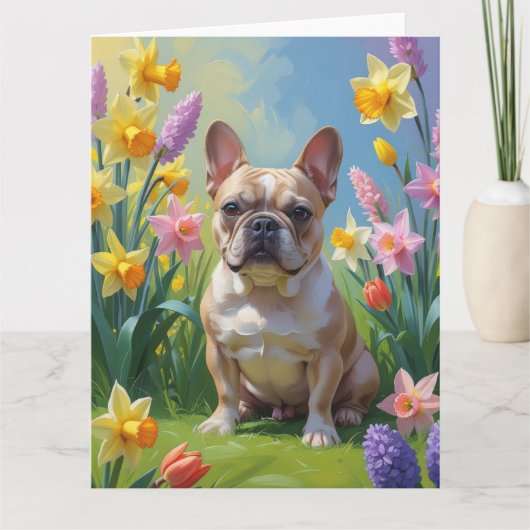 Carte Peinture de fleurs de printemps de Bouledogue fran (Devant)