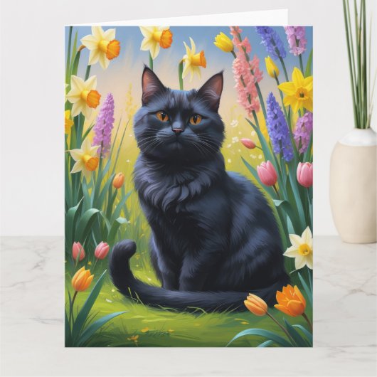 Carte Peinture de fleurs de printemps de chats noirs (Devant)