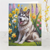 Carte Peinture de fleurs de printemps de chien Husky de (Fleur jaune)