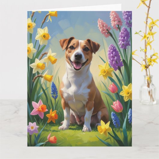 Carte Peinture de fleurs de printemps de chien Jack Russ (Fleur jaune)