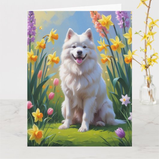 Carte Peinture de fleurs de printemps de chien Samoyède (Fleur jaune)