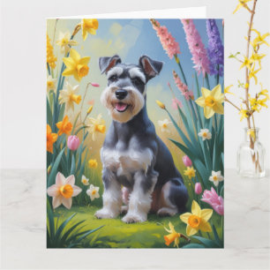 Carte Peinture de fleurs de printemps de chien Schnauzer