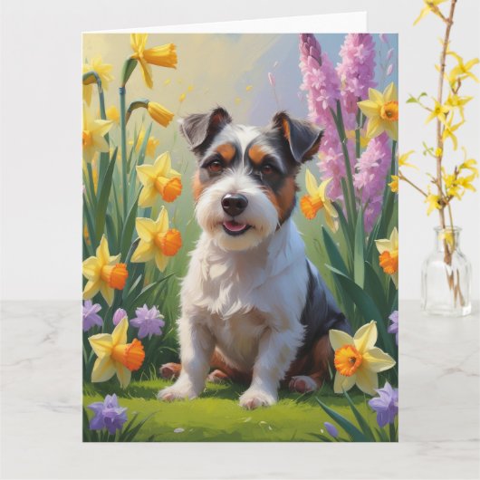 Carte Peinture de fleurs de printemps de chien Terrier A (Fleur jaune)