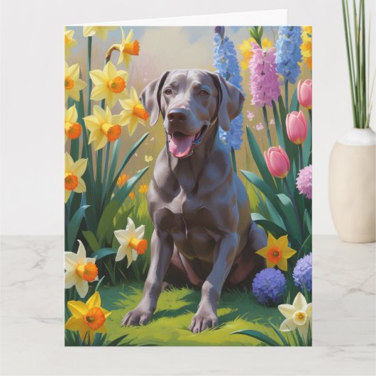 Carte Peinture de fleurs de printemps de chien Weimarane (Devant)