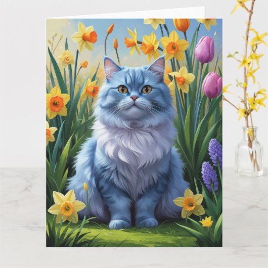 Carte Peinture de fleurs de printemps du chat bleu orien (Fleur jaune)