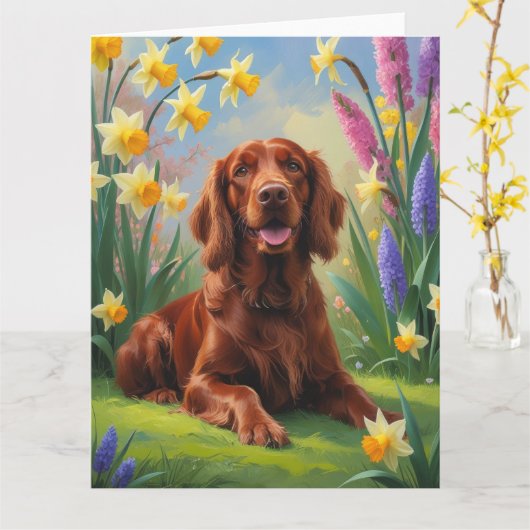 Carte Peinture de fleurs printanières avec chien Setter (Fleur jaune)