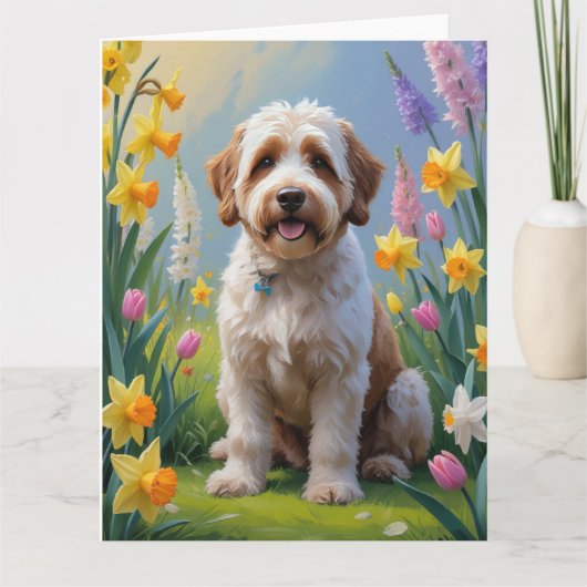 Carte Peinture de fleurs printanières Bernedoodle  (Devant)