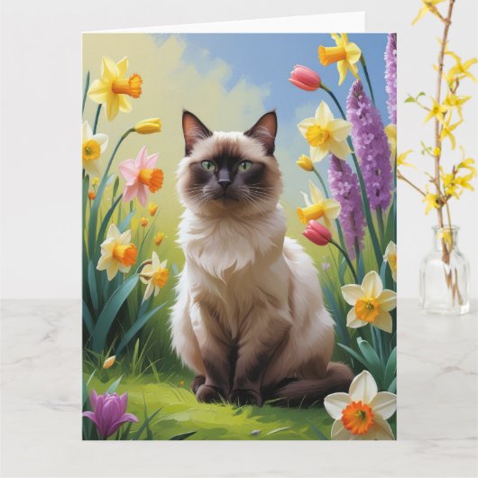 Carte Peinture de fleurs printanières de chat siamois (Fleur jaune)