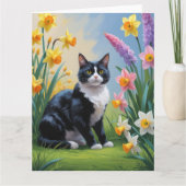 Carte Peinture de fleurs printanières de chat smoking  (Devant)