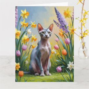 Carte Peinture de fleurs printanières de chat Sphynx