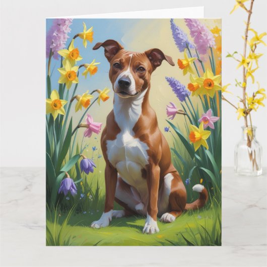 Carte Peinture de fleurs printanières de chien Basenji  (Fleur jaune)