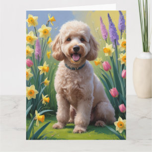 Carte Peinture de fleurs printanières de chien caniche