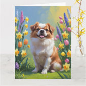 Carte Peinture de fleurs printanières de chien Chin japo (Fleur jaune)