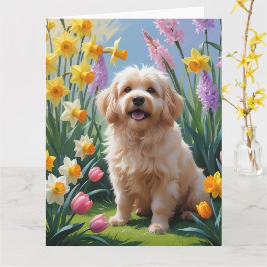 Carte Peinture de fleurs printanières de chien Coton De  (Fleur jaune)