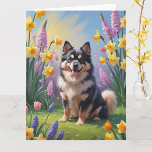 Carte Peinture de fleurs printanières de chien de Laponi (Fleur jaune)