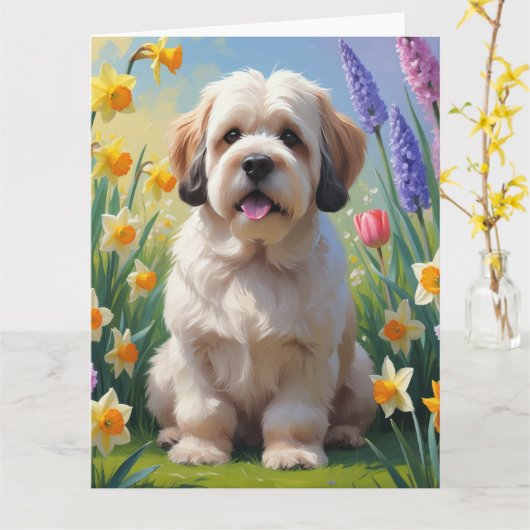 Carte Peinture de fleurs printanières de chien Lhasa Aps (Fleur jaune)