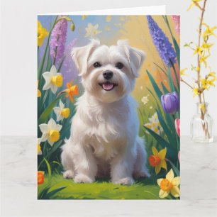 Carte Peinture de fleurs printanières de chien maltais