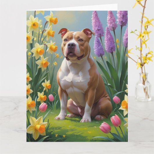 Carte Peinture de fleurs printanières de chien Pitbull (Fleur jaune)