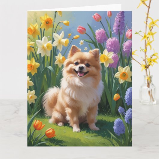 Carte Peinture de fleurs printanières de chien Poméranie (Fleur jaune)