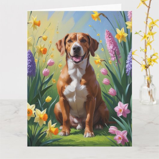 Carte Peinture de fleurs printanières de chien Rhodesian (Fleur jaune)