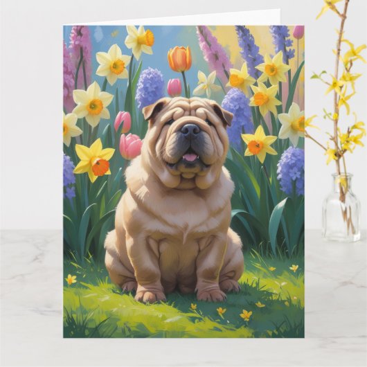 Carte Peinture de fleurs printanières de chien Shar Pei (Fleur jaune)