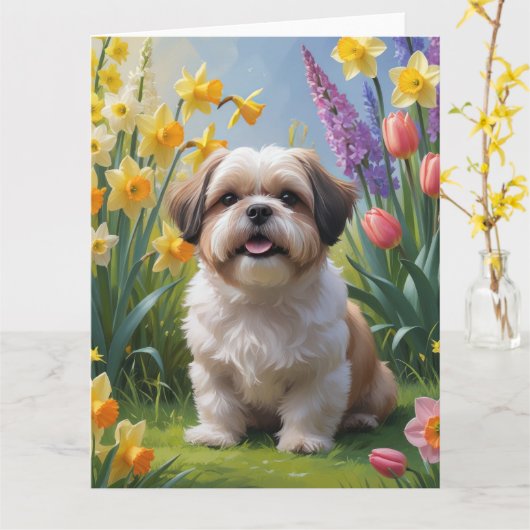 Carte Peinture de fleurs printanières de chien Shih Tzu (Fleur jaune)