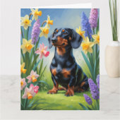 Carte Peinture de fleurs printanières de chien teckel (Devant)