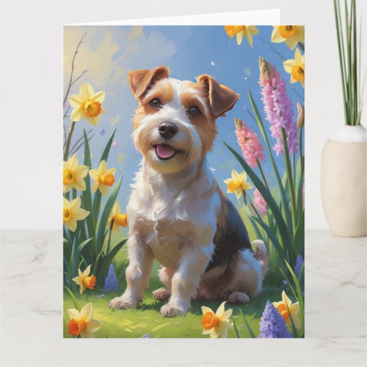 Carte Peinture de fleurs printanières de chien Terrier B (Devant)
